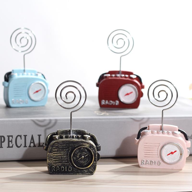 名刺ホルダー 樹脂製 レトロ ラジオ メモクリップ メッセージホルダー おしゃれ オフィス デスク飾り 古銅色 ピンク ブルー レッド(x2)