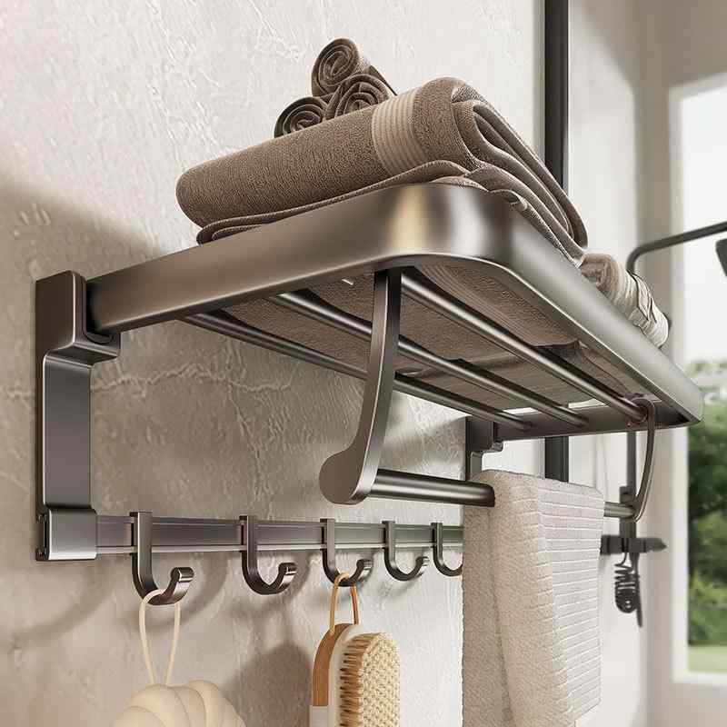 タオルラック 壁掛け 折り畳み式 浴室 洗面所 トイレ 収納棚 炭素鋼 ダブルロッド 省スペース 穴あけ不要 40cm 50cm 60cm