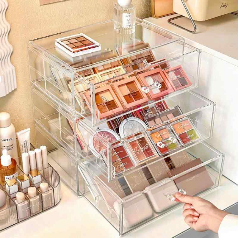 メイクボックス コスメ収納 卓上 口紅 パウダー アイシャドウ 整理棚 透明 琥珀色 アクリル製 引き出し..
