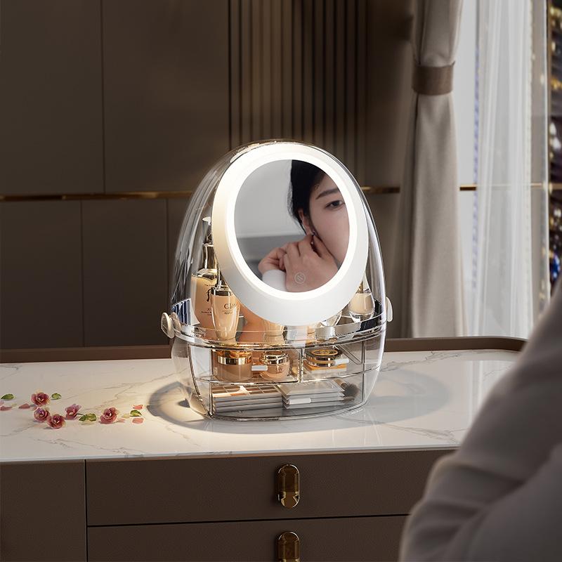 コスメ収納ボックス レディース 卓上ミラー LEDライト付き 大容量 メイクボックス アクセサリー ジュエ..