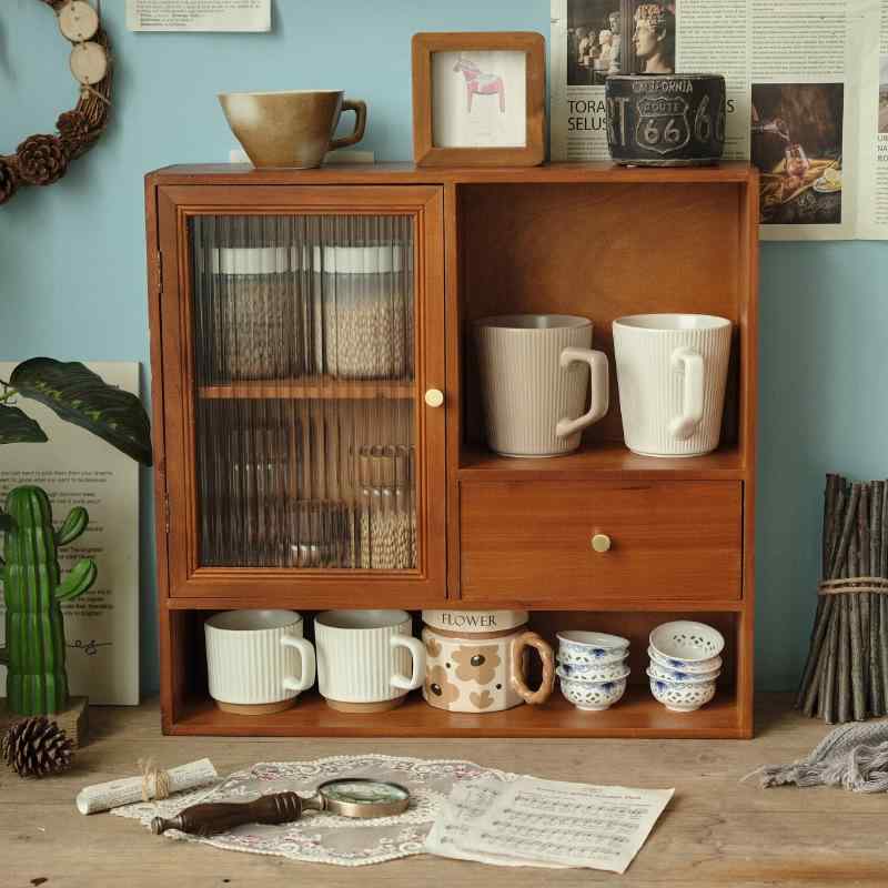 収納棚 デスク上 卓上 小物入れ 化粧品 コスメ カップ グラス 収納 ラック レトロ アンティーク 木製 アクリル 扉付き 引き出し