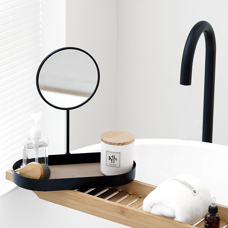 化粧品収納ボックス 北欧スタイル 卓上ミラー付き メイクアップミラー 楕円形トレイ 金属製 無地 ホワ..