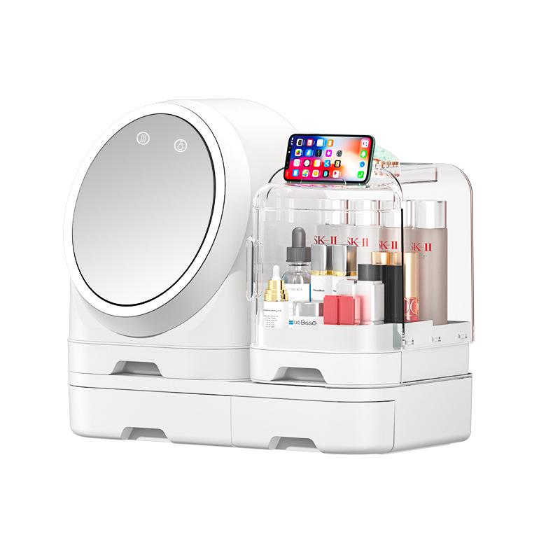 化粧品収納ボックス メイクボックス プラスチック製 軽量 鏡付き LEDライト付き 三色調光 扇風機付き ..