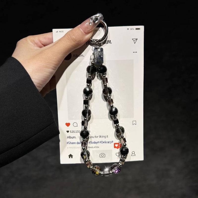 スマホストラップ レディース 豪華 水晶 ビーズ チェーン ハンドストラップ キーホルダー スマートフォン 携帯 落下防止 透明 グレー パープル シャンパンゴールド(2)