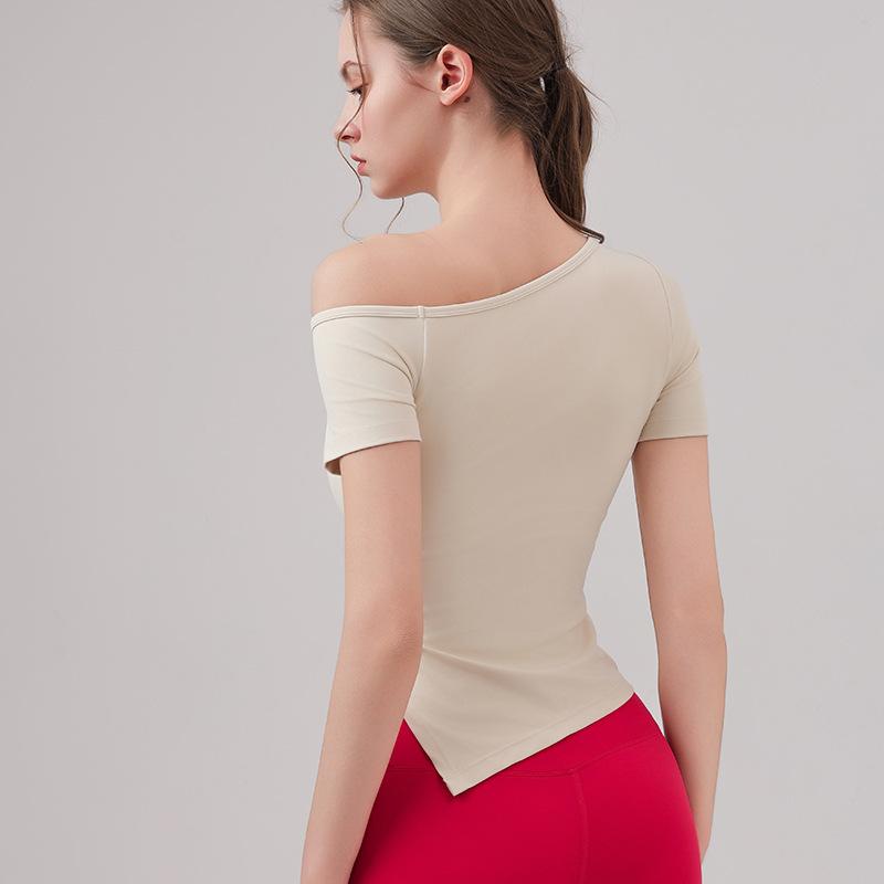 ヨガウェア レディース 斜めワンショルダー ヨガ 半袖 Tシャツ スリムフィット ウエストシェイプ 着痩せ スポーツ ウェア ジム ベスト 固定パッド 通気性 ナイロン 春夏