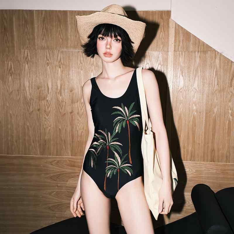 水着 レディース ワンピース水着 Vネック バックシャン 細見え 刺繍 ブラック M L XL 体系カバー スイ..