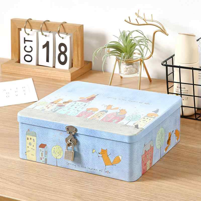収納ケース 蓋付き 中サイズ レトロ ブリキ缶 ロック付き デスク収納 鍵付き 化粧品収納 小物入れ ホーム収納 アクセサリー収納 雑貨収納