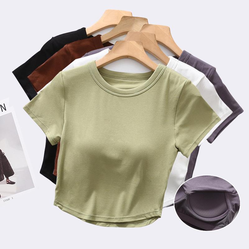 Tシャツ レディース ブラパッド付き 半袖 トップス カットソー ヨガ ウェア クロップド丈 へそ出し シ..