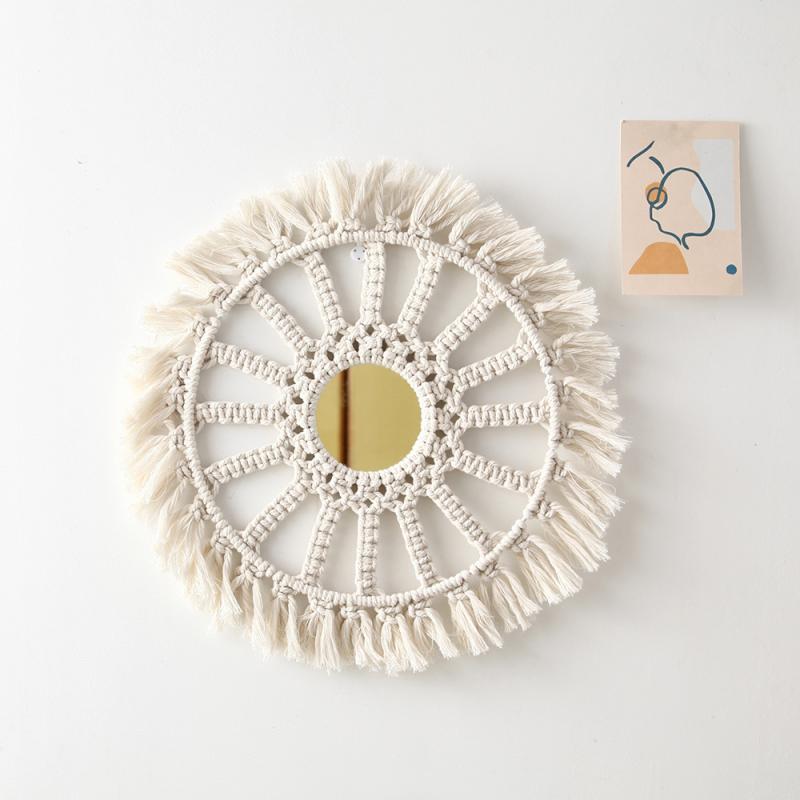 タペストリー 北欧風 手編み 壁掛け ミラー付き 綿ロープ リビング ベッドルーム 浴室 幾何学模様