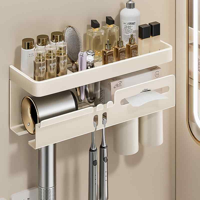 ドライヤーホルダー 歯ブラシホルダー 洗面所 ラック 壁掛け 収納棚 北欧風 1段 歯ブラシ立て シェーバ..