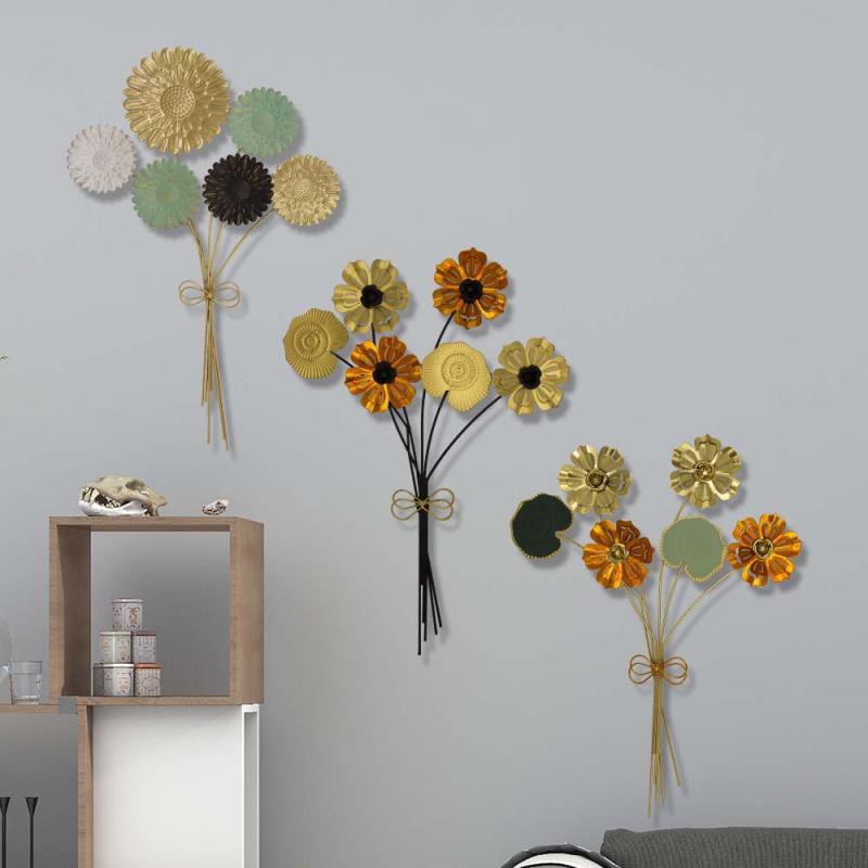 壁飾り インテリア雑貨 金属製 花束 壁掛け アート モダン 玄関 リビング ベッドルーム ゴールド ホワイト ブラック グリーン(x2)
