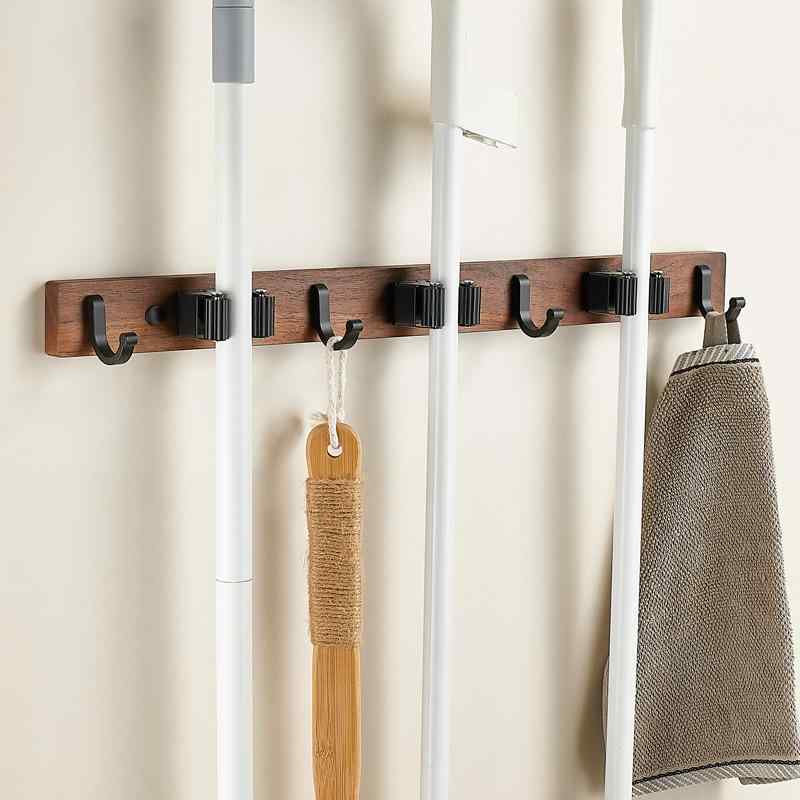 フック 実木 壁掛け モップホルダー ほうきホルダー トイレ収納 壁掛け式 穴あけ不要 クリップ式 胡桃木 ビーチ材