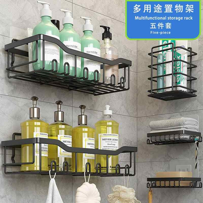 浴室 ラック 棚 壁掛け式 洗面台 収納棚 鉄製 キッチン収納 穴あけ不要 石鹸 歯ブラシ ホルダー付き ブラック