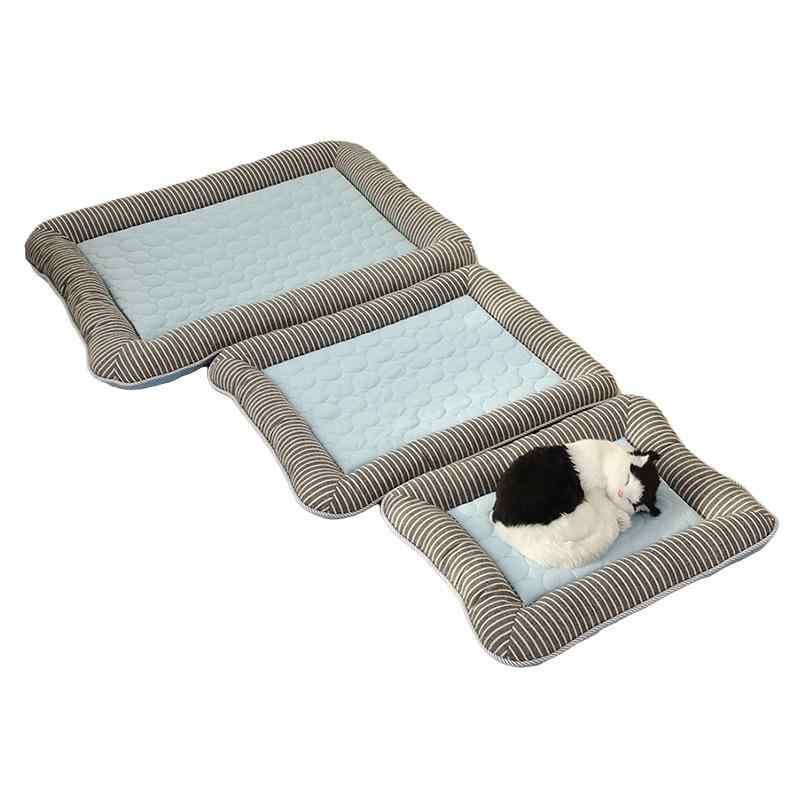 ペット用ベッド ストライプ柄接触冷感マット 中小型犬 猫 涼感 通気性 クールマット ブルー ピンク S M L XL(x2)