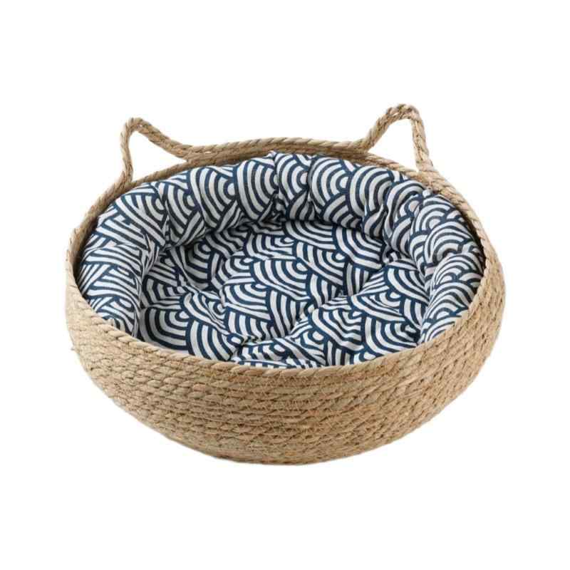 ペットベッド 猫 小型犬用 藤編み 手編み 蒲草 猫鍋 夏用 冬暖 猫ハウス 爪とぎ ござ クッション付き ..