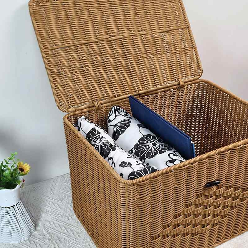 収納ケース 北欧風 籐編み PP製 フタ付き 衣類 おもちゃ 収納ボックス 整理 バスケット カゴ 浅咖色