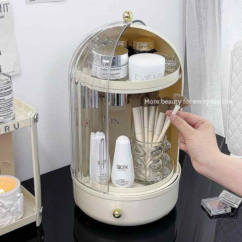 コスメ収納ボックス 回転式 防塵 メイクボックス 香水 口紅 化粧品 卓上収納 透明イエロー アクリル製 北欧風