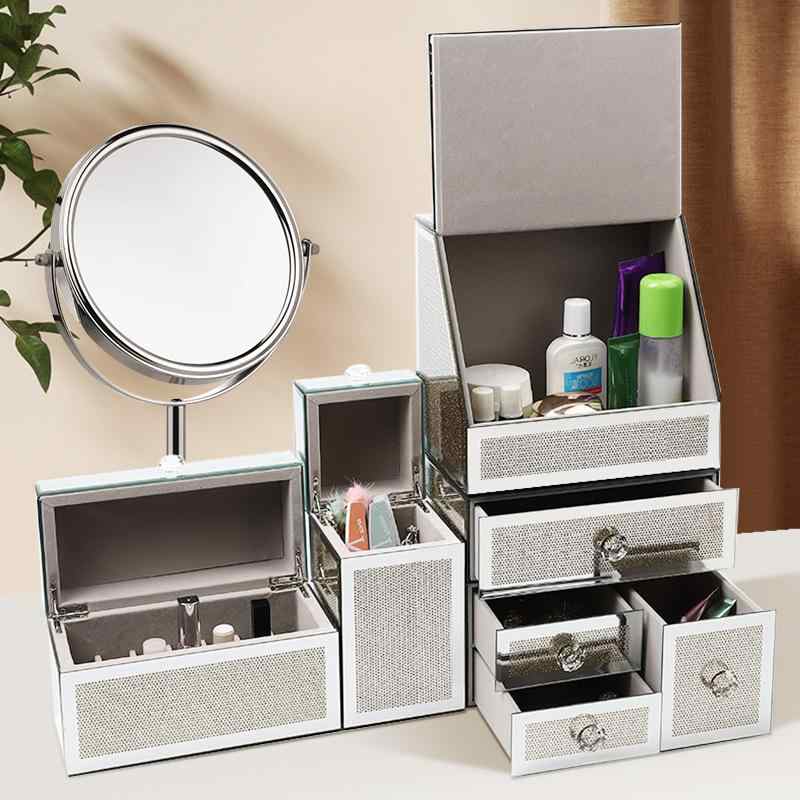コスメ収納ボックス 豪華 卓上 防塵 ミラー ガラス 大容量 スキンケア 口紅 引き出し ドレッサーボックス(x2)