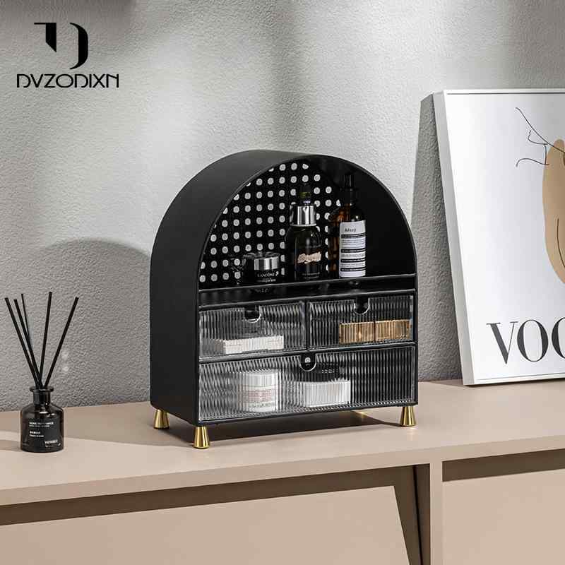 コスメ収納 アーチ型 ブラック アクリル製 引き出し付き デスク 卓上ドレッサー スキンケア用品 収納棚 豪華