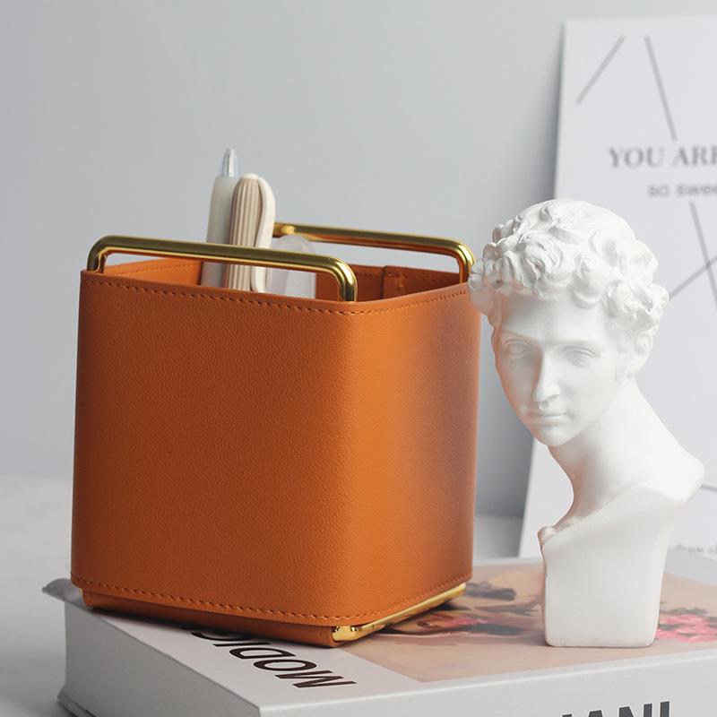 収納ボックス デスクオーガナイザー 北欧風 レザー調 PU メタル ペン立て 化粧ブラシ 文房具 リモコン 雑貨 卓上 リビング 書斎 無地 グリーン ブルー ブラウン(x2)