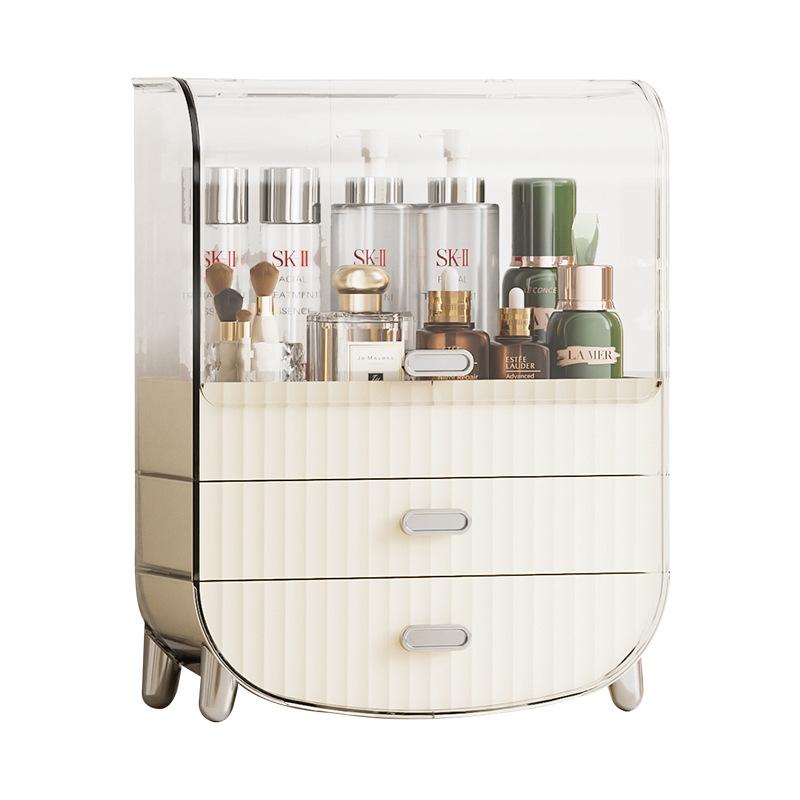 コスメ収納ボックス 大容量 卓上 防塵 化粧品 口紅 収納ケース ドレッサー ラック クリームホワイト 2段引き出し付き 透明トレイ