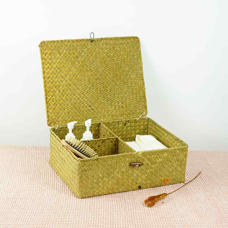 収納ボックス レディース 水草編み フタ付き 仕切り付き 卓上 整理 小物入れ 雑貨 リモコン 文房具 CD 雑誌 (x20)