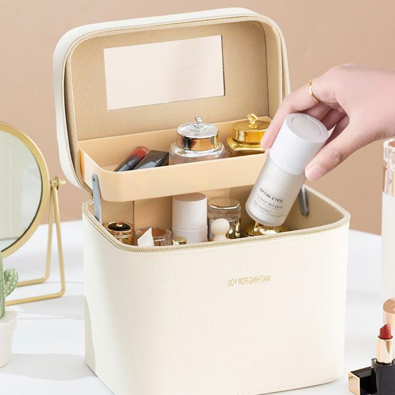 化粧ポーチ レディース 大容量 メイクボックス コスメボックス ミラー付き PUレザー 収納ケース ベージ..