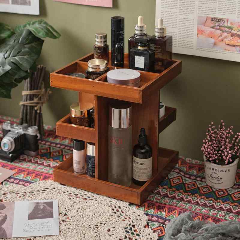メイクボックス コスメボックス 回転式 木製 化粧品収納ボックス 卓上 整理棚 レトロ 韓国