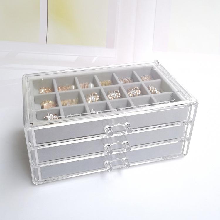 収納ケース レディース 3段 引き出し付き 卓上 植毛 透明 アクリル製 コスメ収納 小物入れ グレー