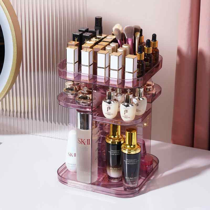 コスメ収納ボックス レディース 大容量 360度回転式 化粧品収納ケース 口紅ホルダー付き 卓上 ドレッサー スキンケア用品入れ 透明(x4)