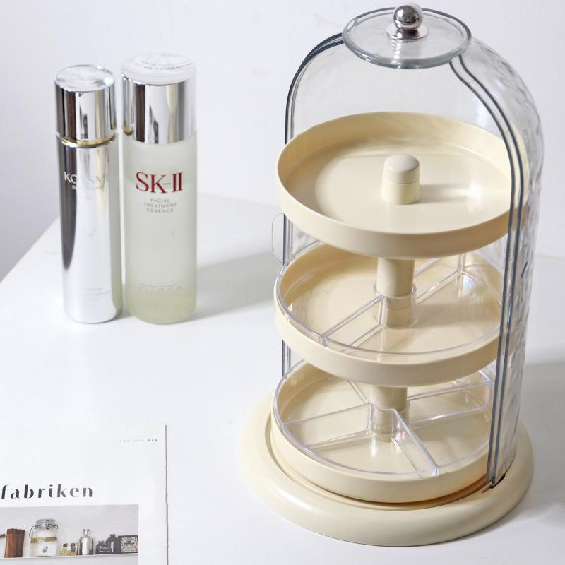 コスメ収納ケース レディース メイクボックス 回転式 透明 引き出し ペン立て 口紅 眉ペン コスメブラシ ドレッサー 卓上用品 クリーム色 ブラック系