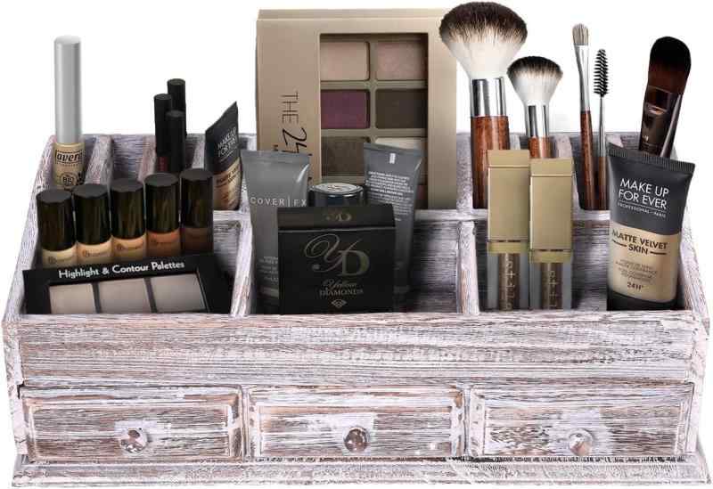 化粧品収納ボックス レディース 木製 メイク道具入れ 卓上 整理棚 多段引き出し付き レトロ アンティーク風(x100)