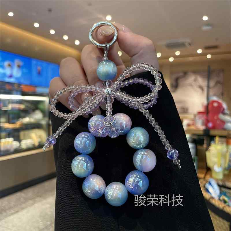 キーホルダー レディース 水晶 蝶結び ストラップ 豪華感 バッグチャーム 海帝珠 ピンク系 グリーン ブルー(2)