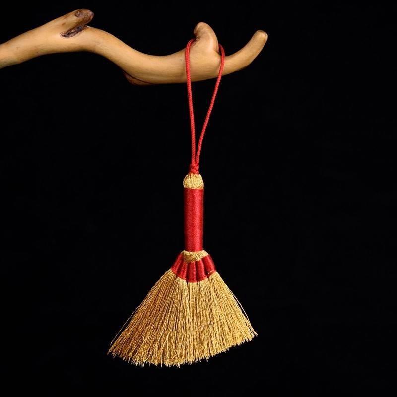 キーホルダー バッグチャーム 手編み 金のほうき 植物 花柄(x2) 2