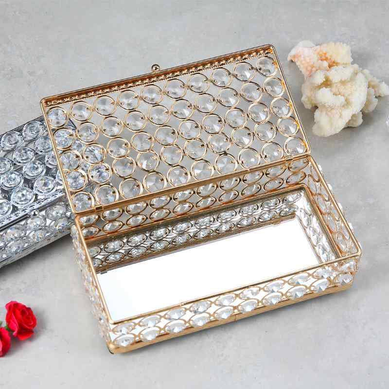 コスメ収納ボックス 北欧 メタル クリスタル デスク収納 小物入れ ふた付き 卓上収納 寝室 リビング シルバー ゴールド 電気メッキ加工(x2)
