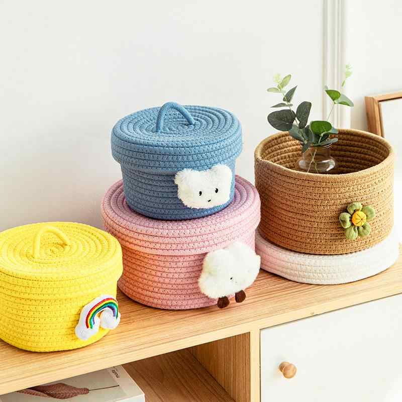 収納ボックス 綿 ロープ 編み 円形 蓋つき 卓上 ベッドサイド 手編み おもちゃ 雑貨 小物入れ 大中小 ..