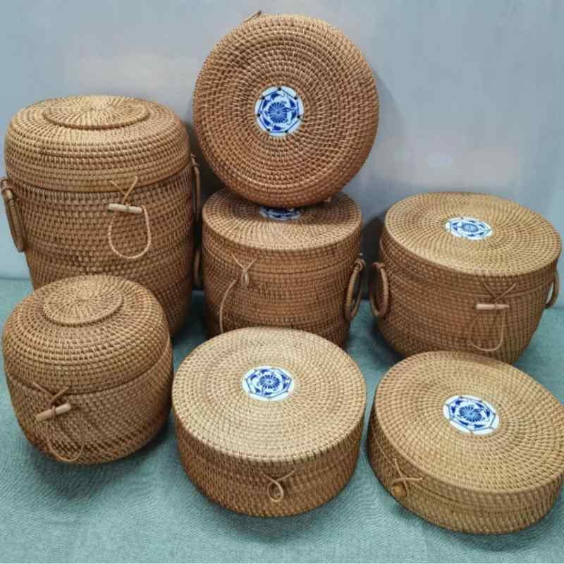 収納ケース ベトナム藤編み 茶葉 菓子 卓上 手編み バスケット 小物入れ 蓋つき 丸型(x2)