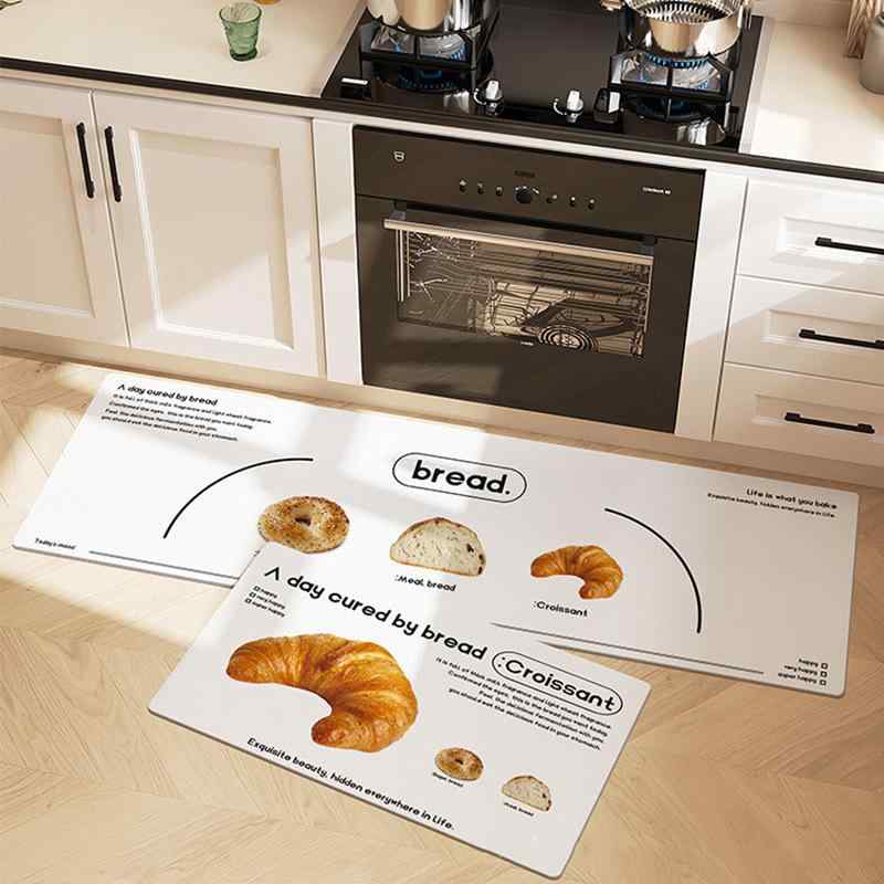 マット キッチンマット 玄関マット レザー調 防水 防油 防滑 お手入れ簡単 牛角パン柄 チーズ柄 40×60 ..