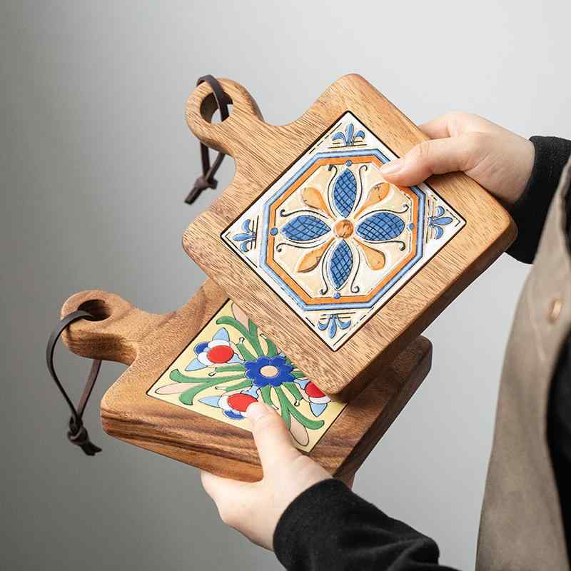 鍋敷き 木製 花柄 トレー プレート 木 ウッド コースター 断熱マット おしゃれ 実木 食器 テーブル用品..