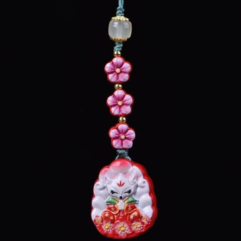 キーホルダー レディース スマホアクセサリー 水晶 彩绘 九尾狐 キツネ 狐 手描き 桃花 花柄 かわいい おしゃれ バッグチャーム ストラップ 民族風