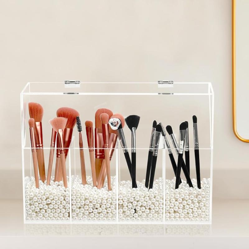 メイクボックス レディース アクリル製 メイクブラシケース 4仕切り 透明 防塵 化粧品収納 卓上 大容量 整理(x100)