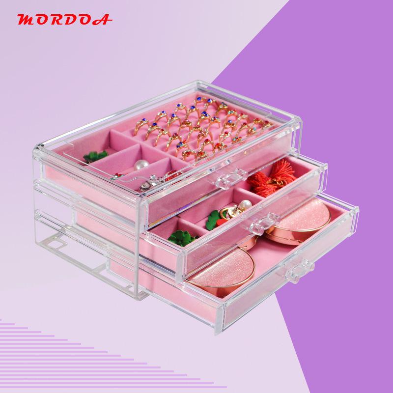 小物入れ レディース アクセサリーケース 引き出し式 ジュエリーボックス 3段 ベルベット調 アクリル製 ピンク系 グレー 卓上型 重ね置き可能 文房具 コスメ 雑貨