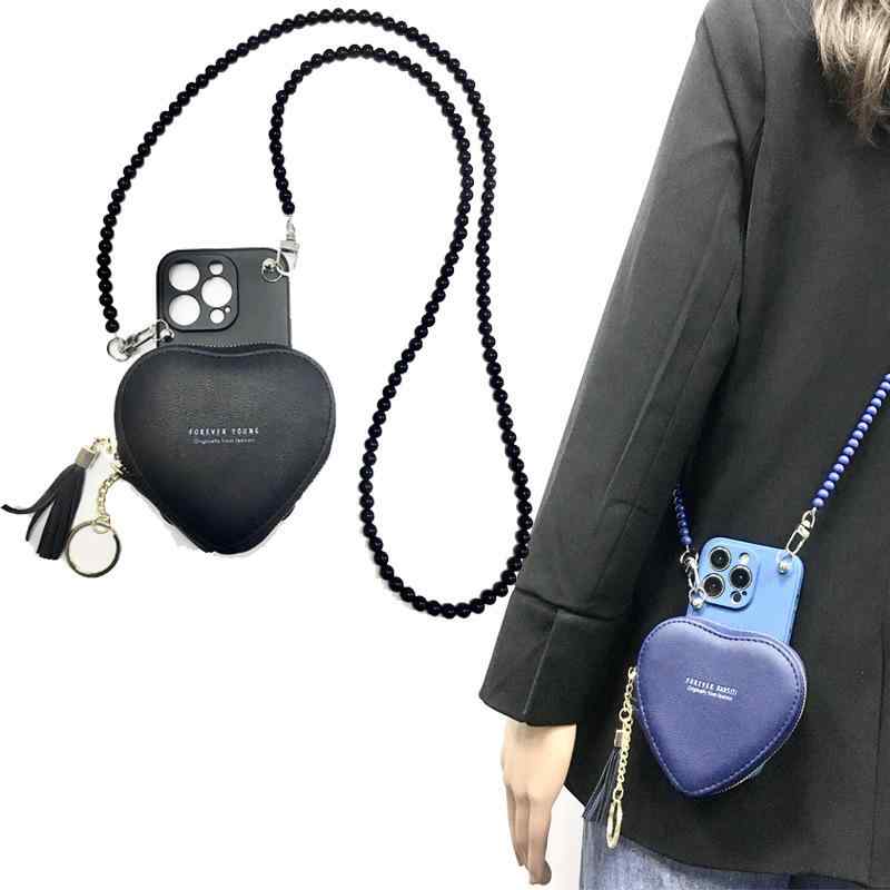 スマホケース レディース iPhone 斜めがけ 首掛け ハート かわいい パール ビーズ ストラップ付き iPhone14 iPhone13 iPhone12 iPhone11 iPhoneXS