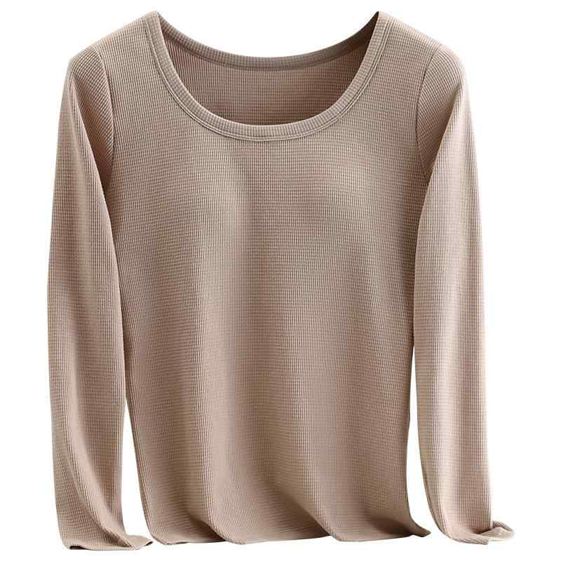 Tシャツ レディース 長袖 ワッフル パッド付き ラウンドネック スリム トップス カットソー インナー ..