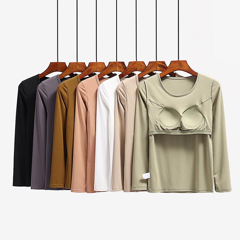 Tシャツ レディース カップ付き 長袖 トップス ブラウス インナー ウェア 無地 スリムフィット 着痩せ カットソー 丸首 ストレッチ 普段使い 黒 白 緑 グレー ベージュ 秋(x3)