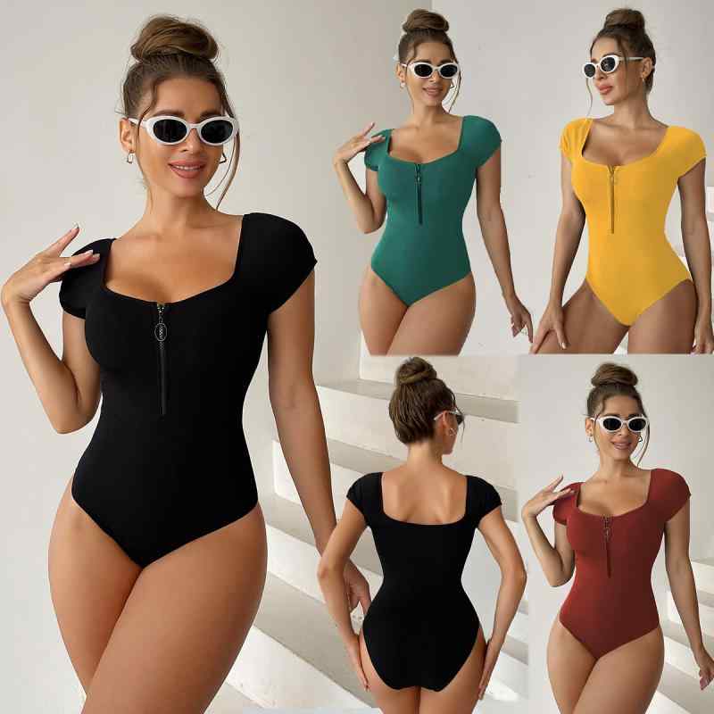 水着 レディース ワンピース ビキニ 無地 半袖 体型カバー スイムウェア 競泳用 練習用 ブラック イエ..