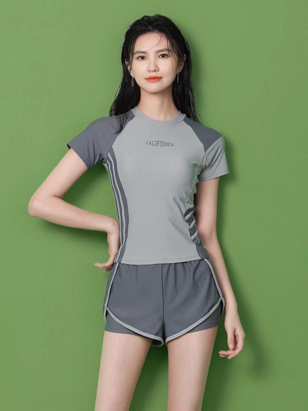 水着 レディース セパレート スポーツタイプ 体型カバー 2点セット 無地風 グレー 紫色 伸縮性 ポリエステル 水泳 運動 普段使い