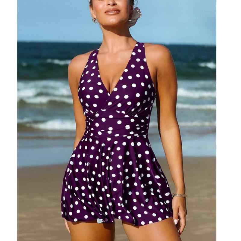 水着 レディース スカート式 ビキニ ドット柄 プリント 体型カバー 少なめ ポリエステル かわいい 普段使い プール 海水浴 ビーチ 紫色 青 黒 オレンジ S M L XL 2XL 3XL 4XL 5XL