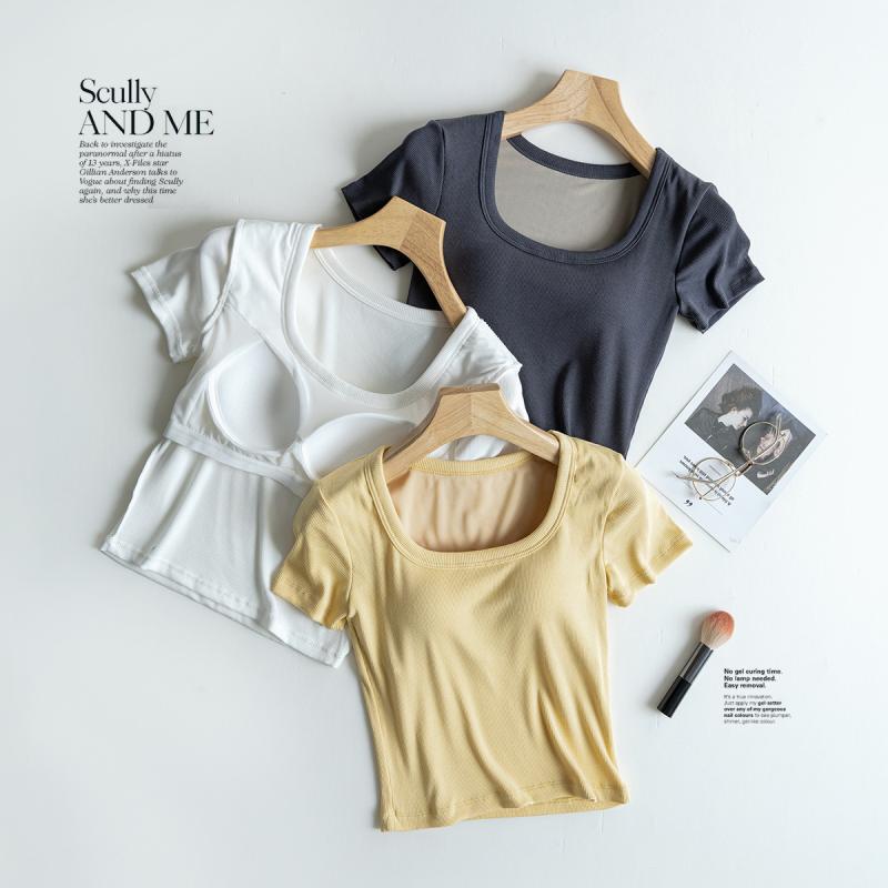 Tシャツ レディース Uネック 半袖 インナー トップス ブラパッド付き 薄手 ショート丈 カットソー 春夏..