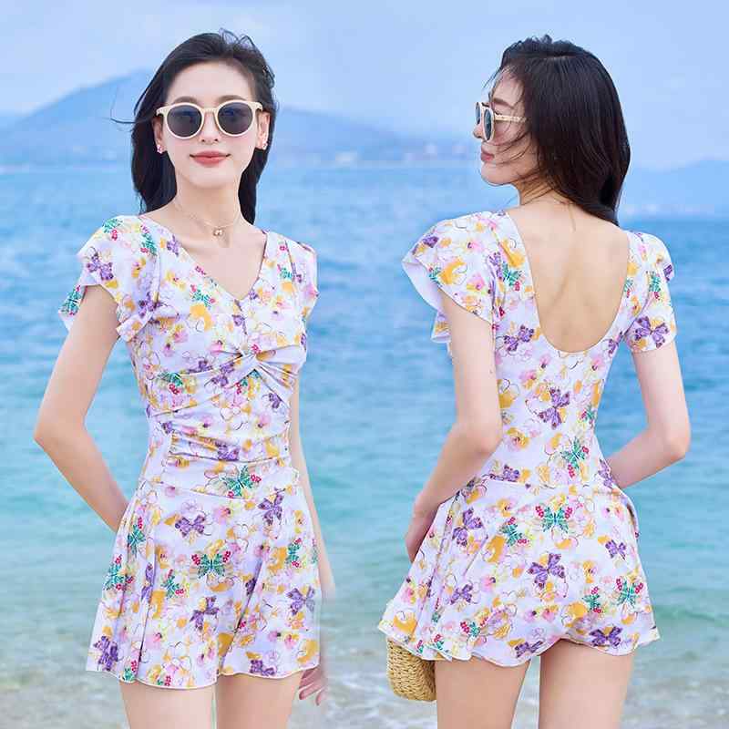 水着 レディース ワンピース水着 体型カバー 高見え Vネック 小花柄 体系カバー 痩せ見え スイムウェア ビーチウェア 大人女子 M L XL XXL